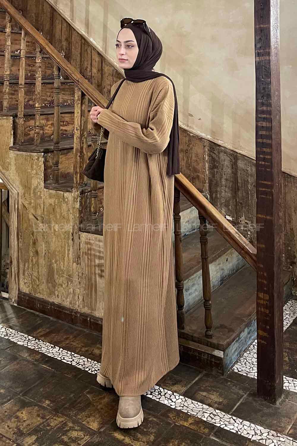 Lamelif Fitilli Triko Uzun Elbise Soft Kahve