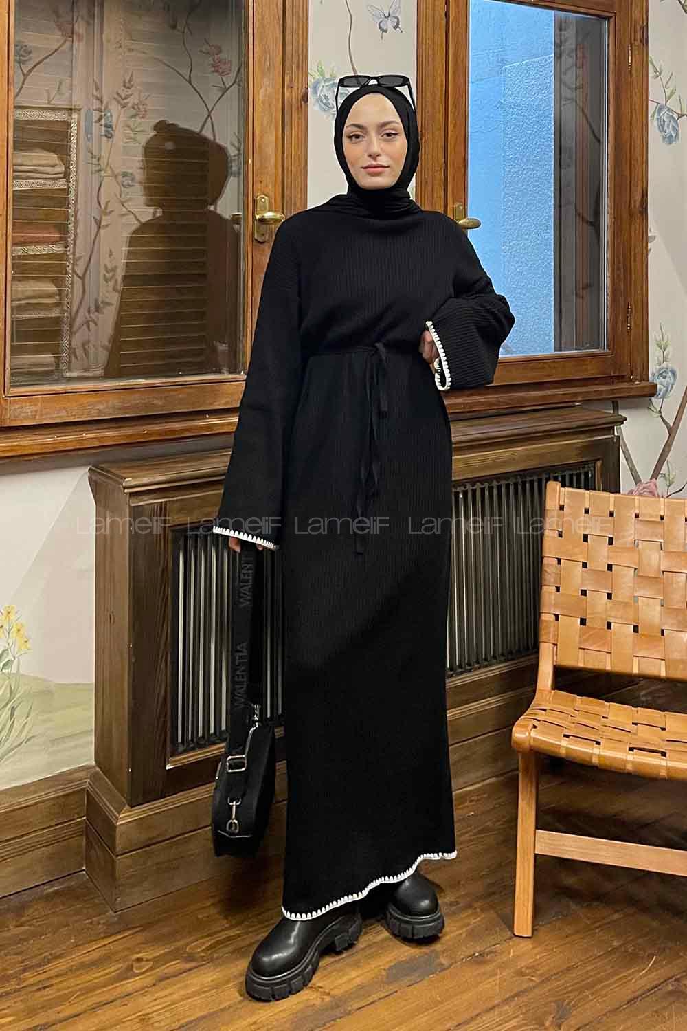 Lamelif Kol-Etek Ucu Nakışlı Triko Tesettür Elbise Siyah