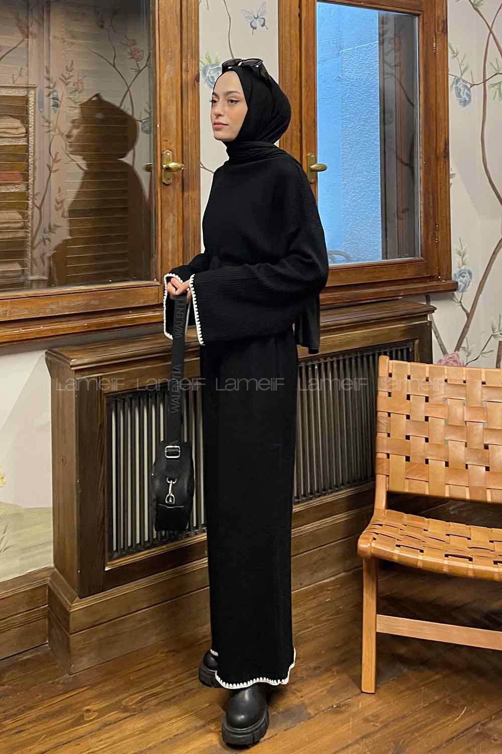 Lamelif Kol-Etek Ucu Nakışlı Triko Tesettür Elbise Siyah