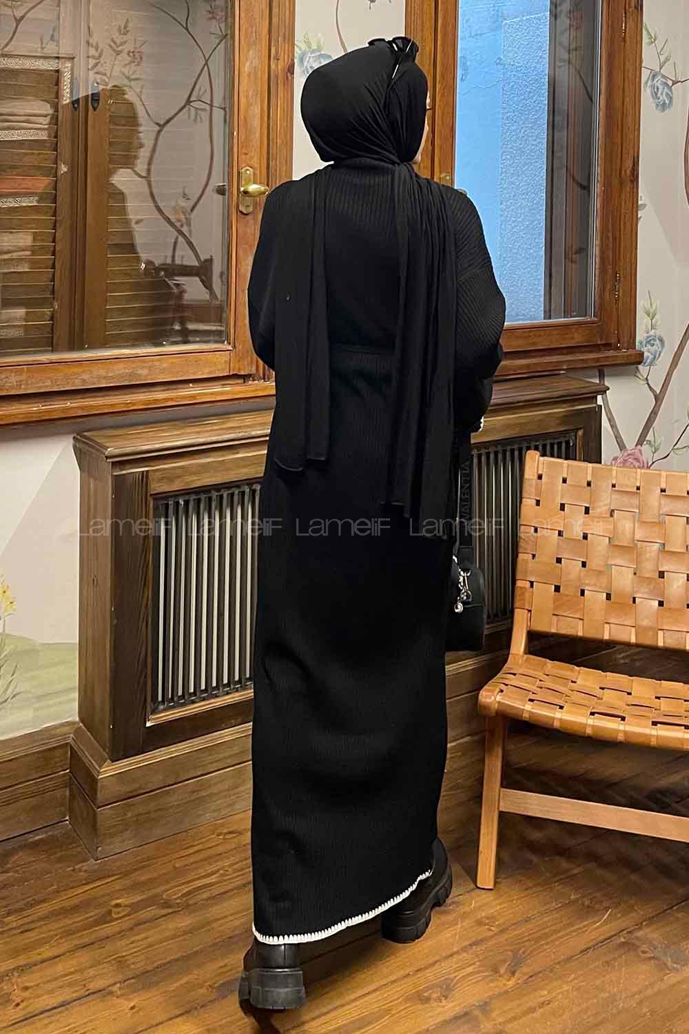 Lamelif Kol-Etek Ucu Nakışlı Triko Tesettür Elbise Siyah