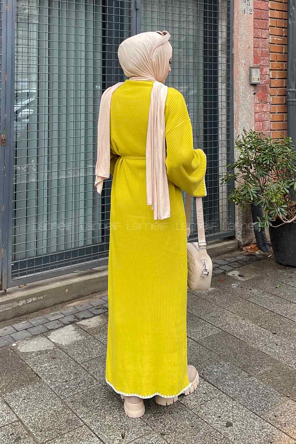 Lamelif Kol-Etek Ucu Nakışlı Triko Tesettür Elbise Fıstık Yeşili