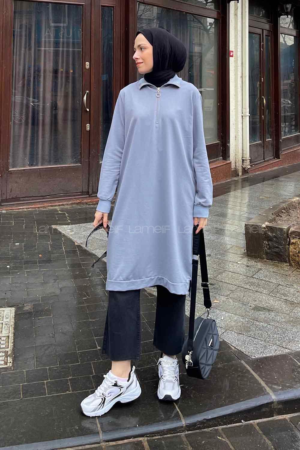 Gray Choker Neck Combed Fabric Cotton Fabric Tunic