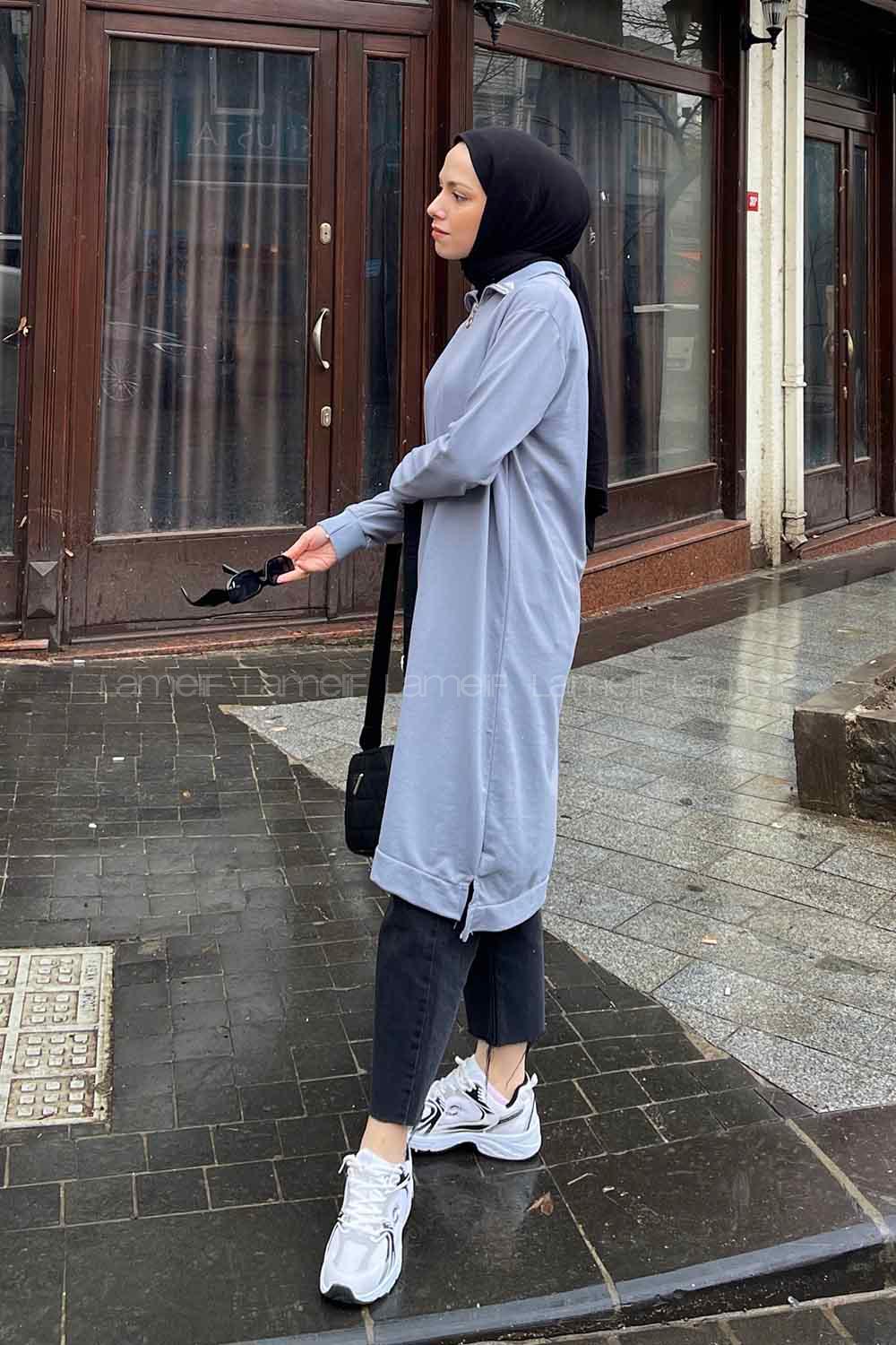 Gray Choker Neck Combed Fabric Cotton Fabric Tunic