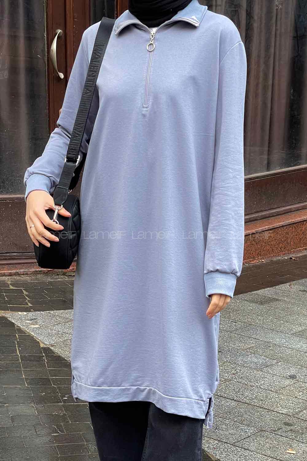 Gray Choker Neck Combed Fabric Cotton Fabric Tunic