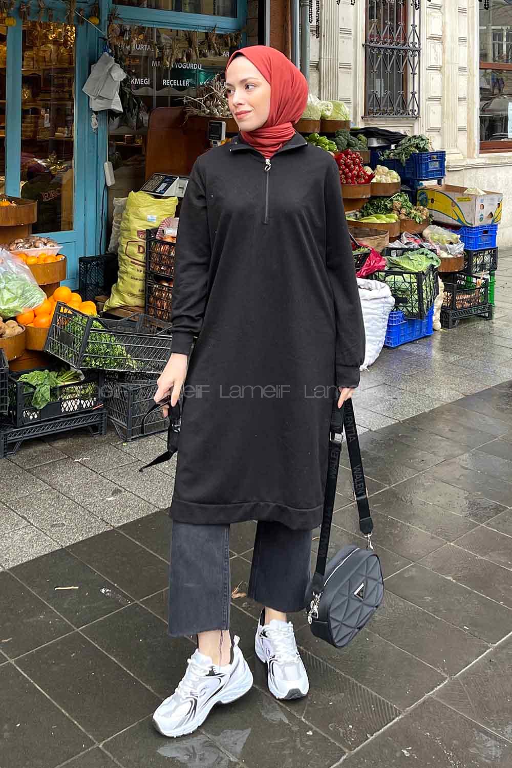 Black Choker Neck Combed Fabric Cotton Fabric Tunic