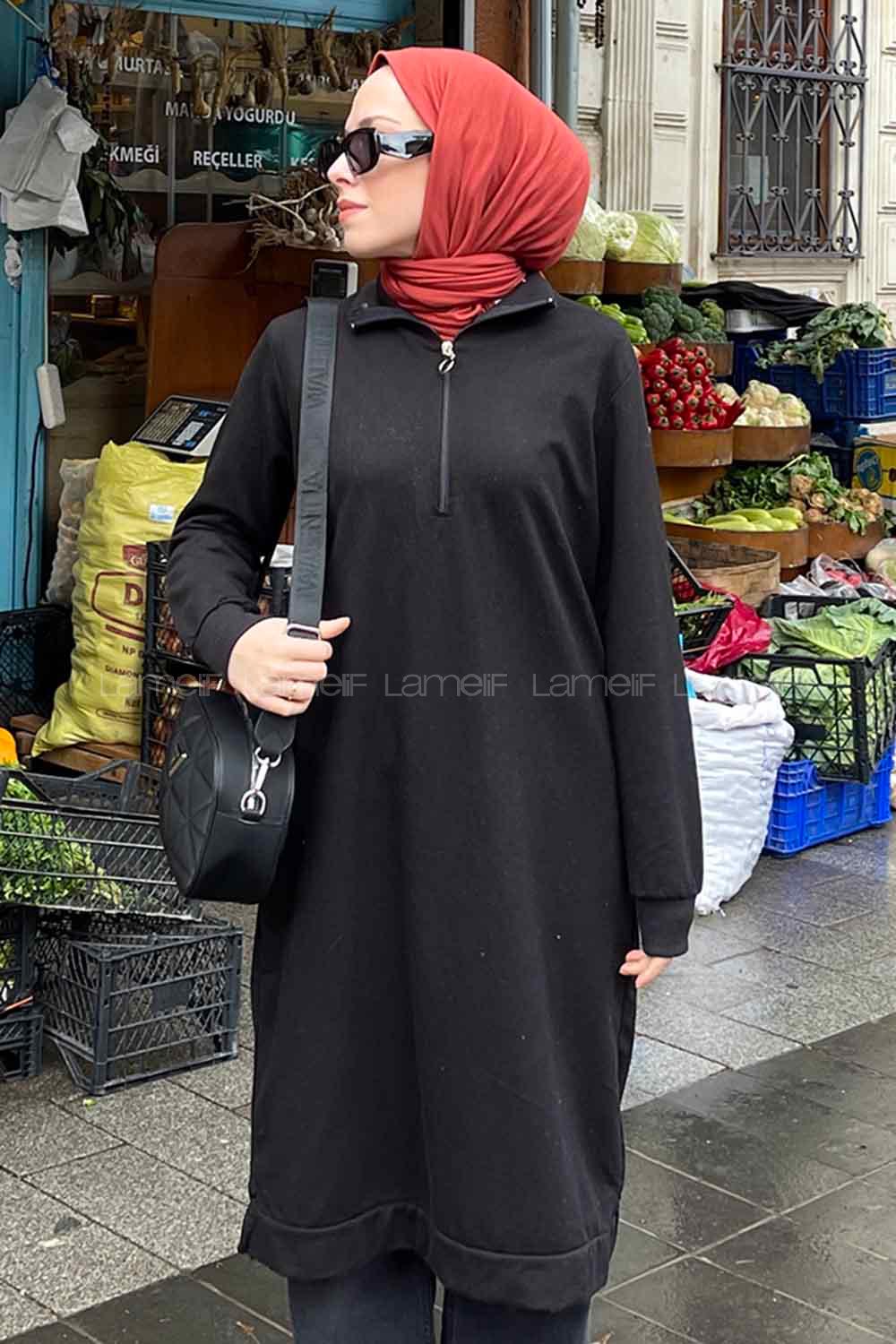 Black Choker Neck Combed Fabric Cotton Fabric Tunic