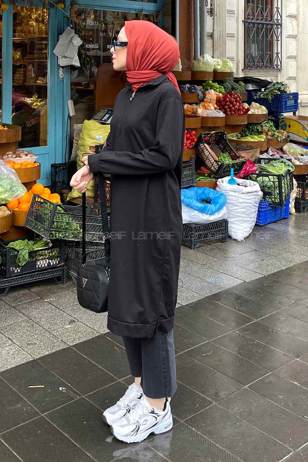 Black Choker Neck Combed Fabric Cotton Fabric Tunic