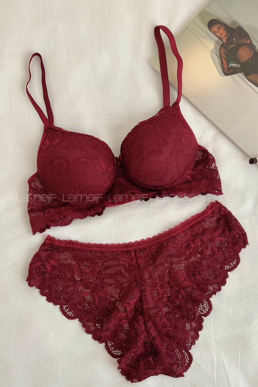 Lamelif Dantelli Destekli Sütyen Takım Bordo Renk