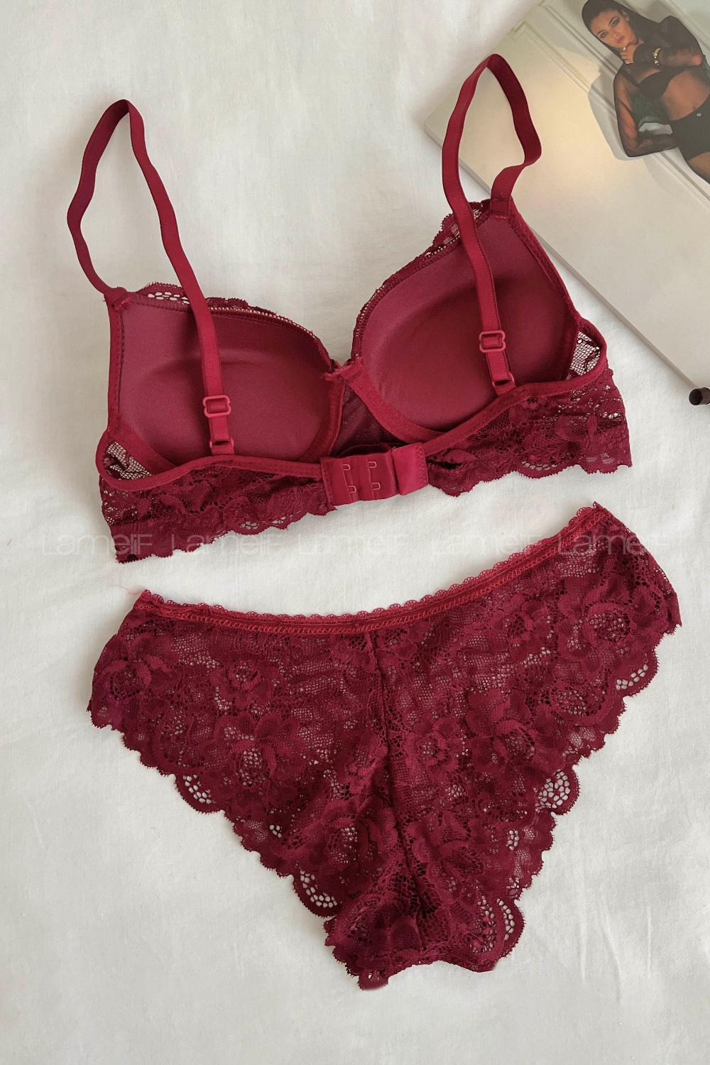 Lamelif Dantelli Destekli Sütyen Takım Bordo Renk