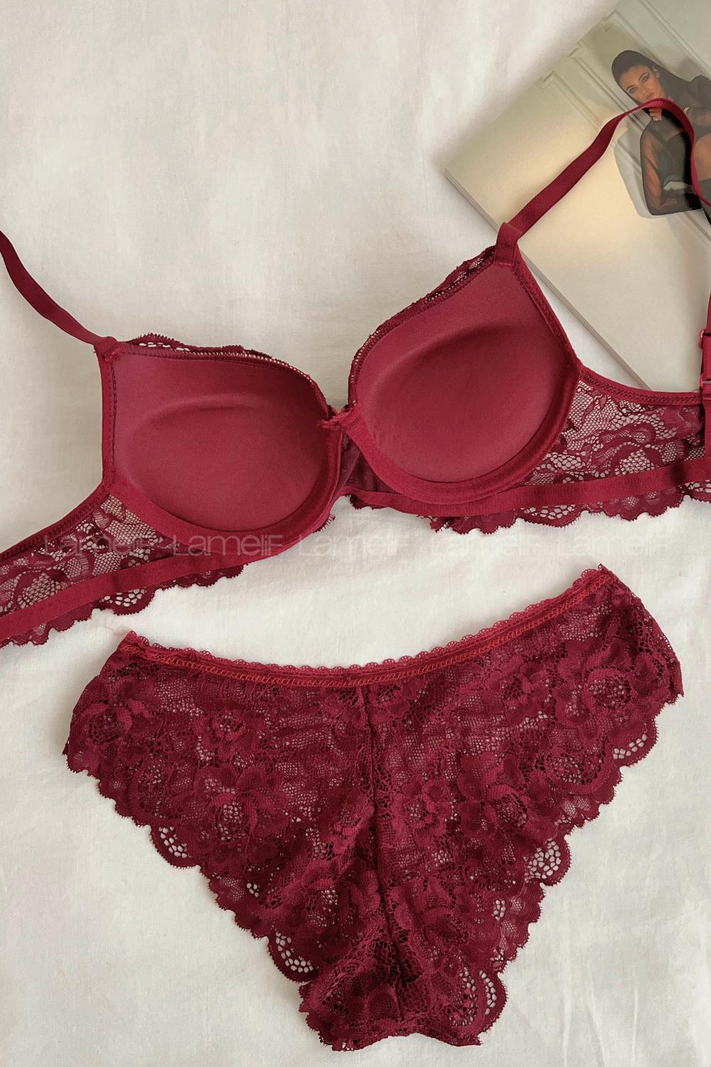 Lamelif Dantelli Destekli Sütyen Takım Bordo Renk