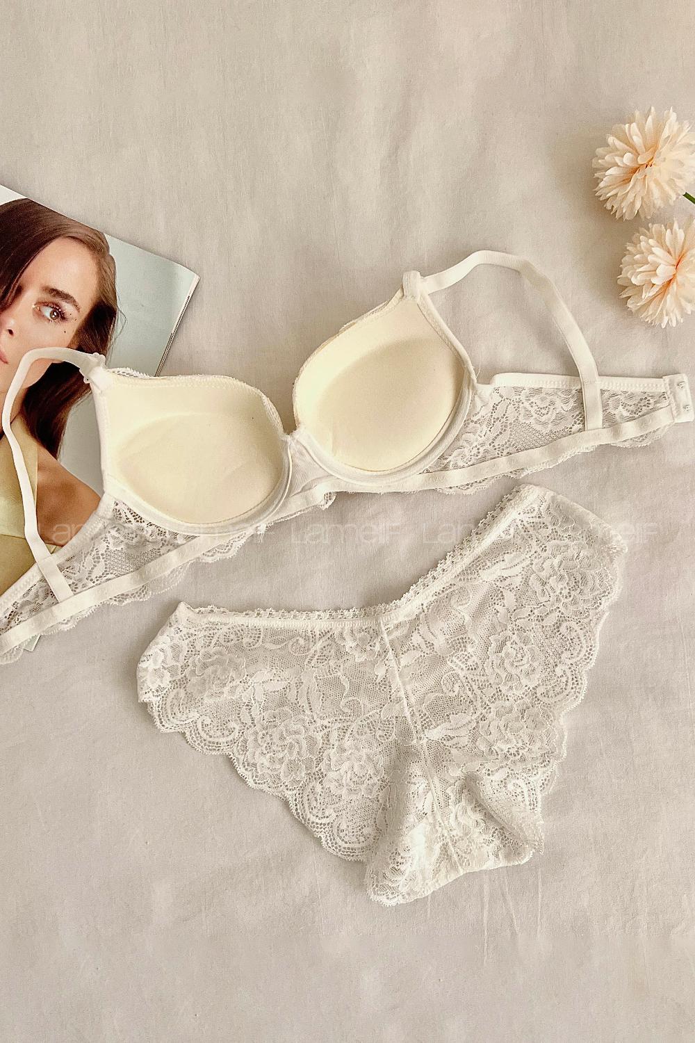 Lamelif Dantelli Destekli Sütyen Takım Ekru Renk