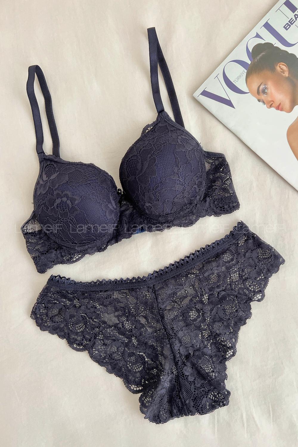 Lamelif Dantelli Destekli Sütyen Takım Lacivert Renk