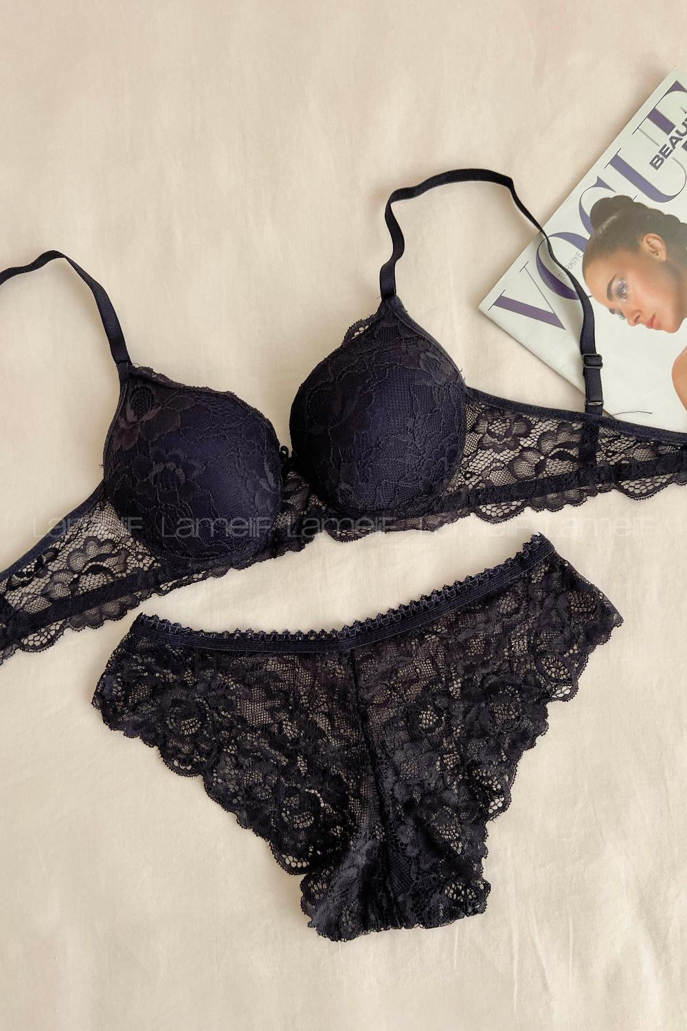 Lamelif Dantelli Destekli Sütyen Takım Lacivert Renk