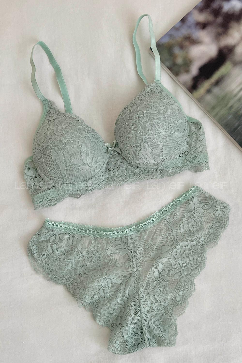 Lamelif Dantelli Destekli Sütyen Takım Mint Yeşili Renk