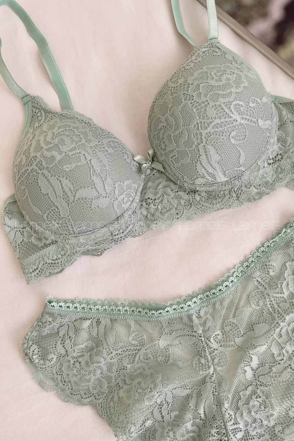 Lamelif Dantelli Destekli Sütyen Takım Mint Yeşili Renk