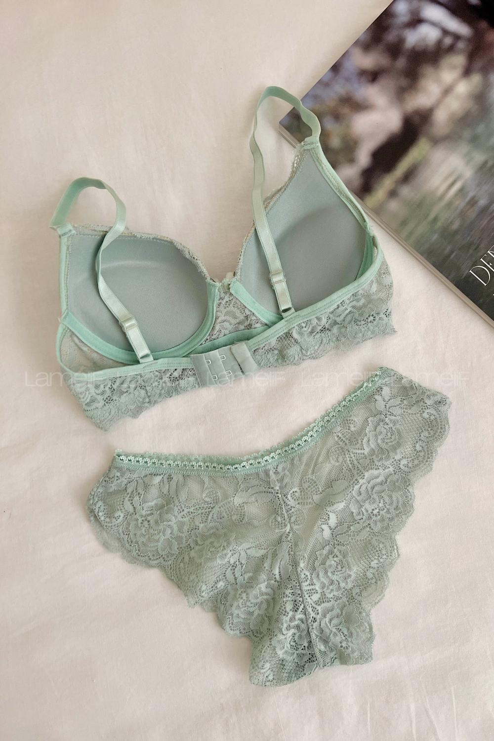 Lamelif Dantelli Destekli Sütyen Takım Mint Yeşili Renk