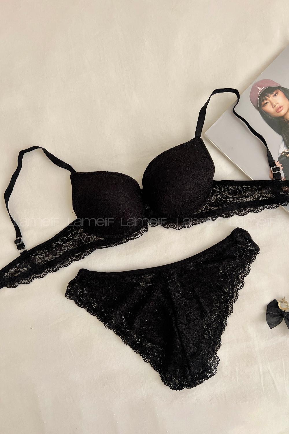 Lamelif Dantelli Destekli Sütyen Takım Siyah Renk
