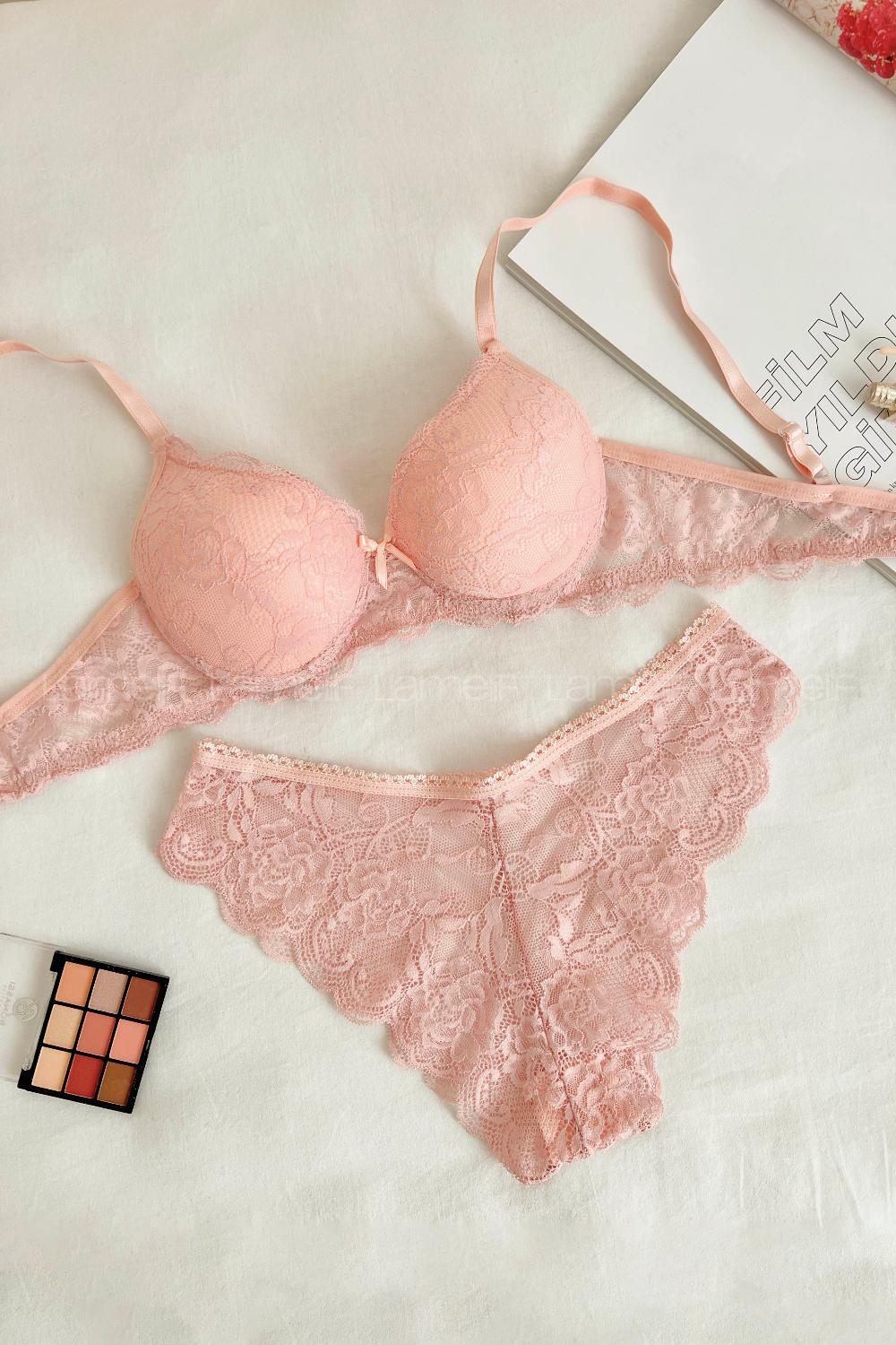 Lamelif Dantelli Destekli Sütyen Takım Somon Renk