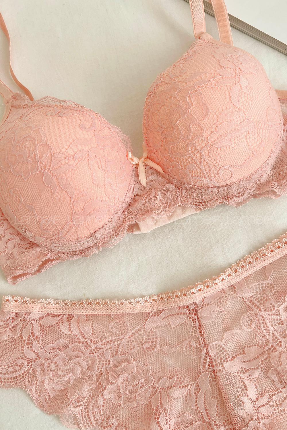 Lamelif Dantelli Destekli Sütyen Takım Somon Renk