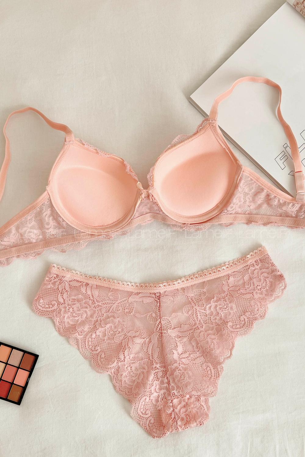 Lamelif Dantelli Destekli Sütyen Takım Somon Renk