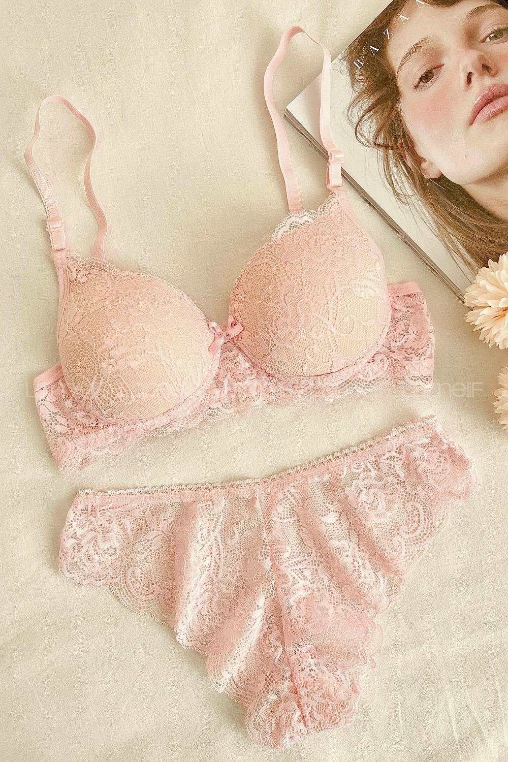 Lamelif Dantelli Destekli Sütyen Takım Toz Pembe Renk