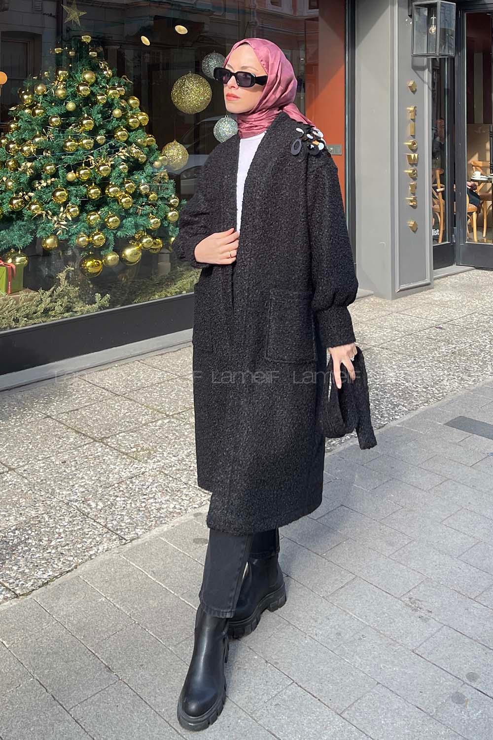 Lamelif  Coccolina Payet Detaylı Kaban Siyah