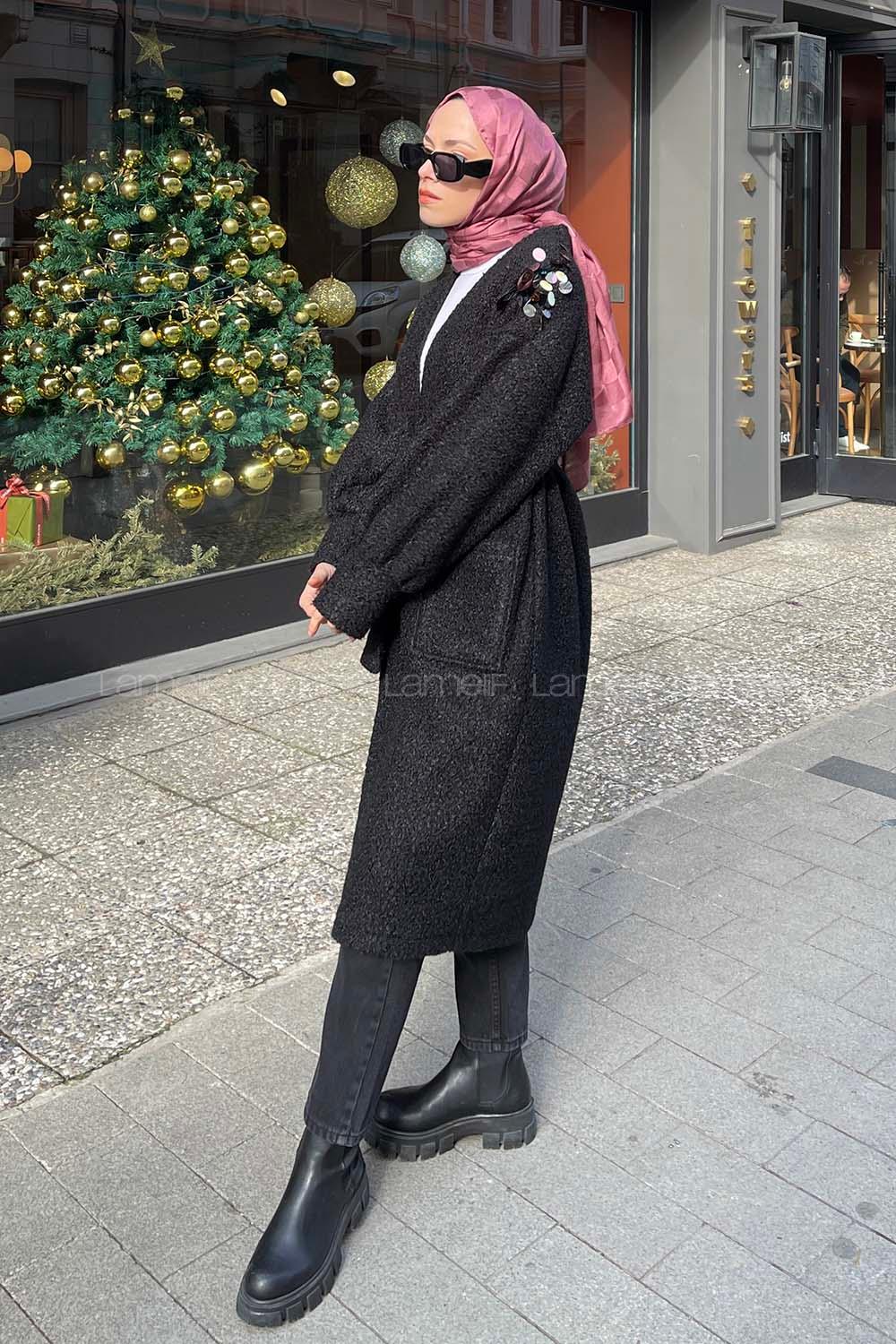 Lamelif  Coccolina Payet Detaylı Kaban Siyah