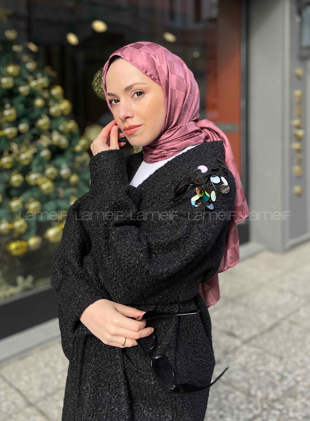 Lamelif Dama Desen Jakar Şal Gül Kurusu