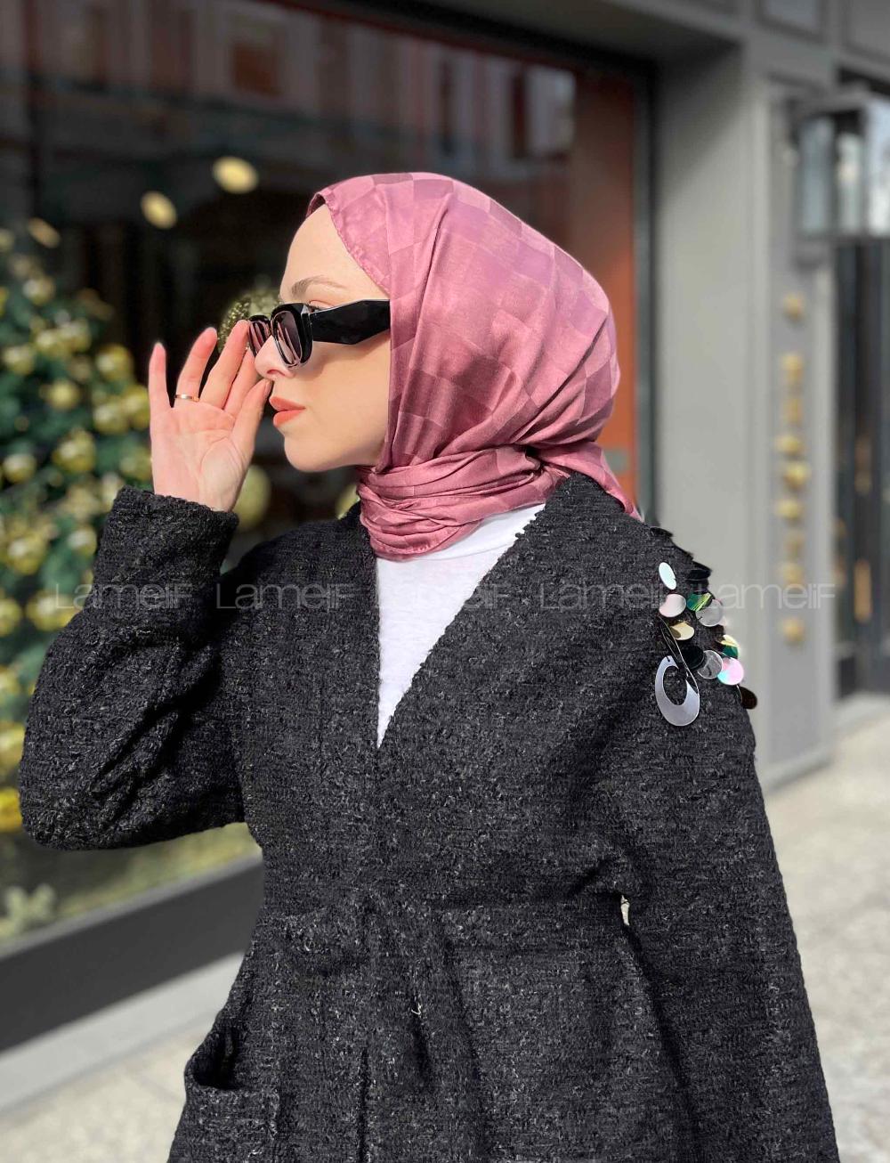 Lamelif Dama Desen Jakar Şal Gül Kurusu