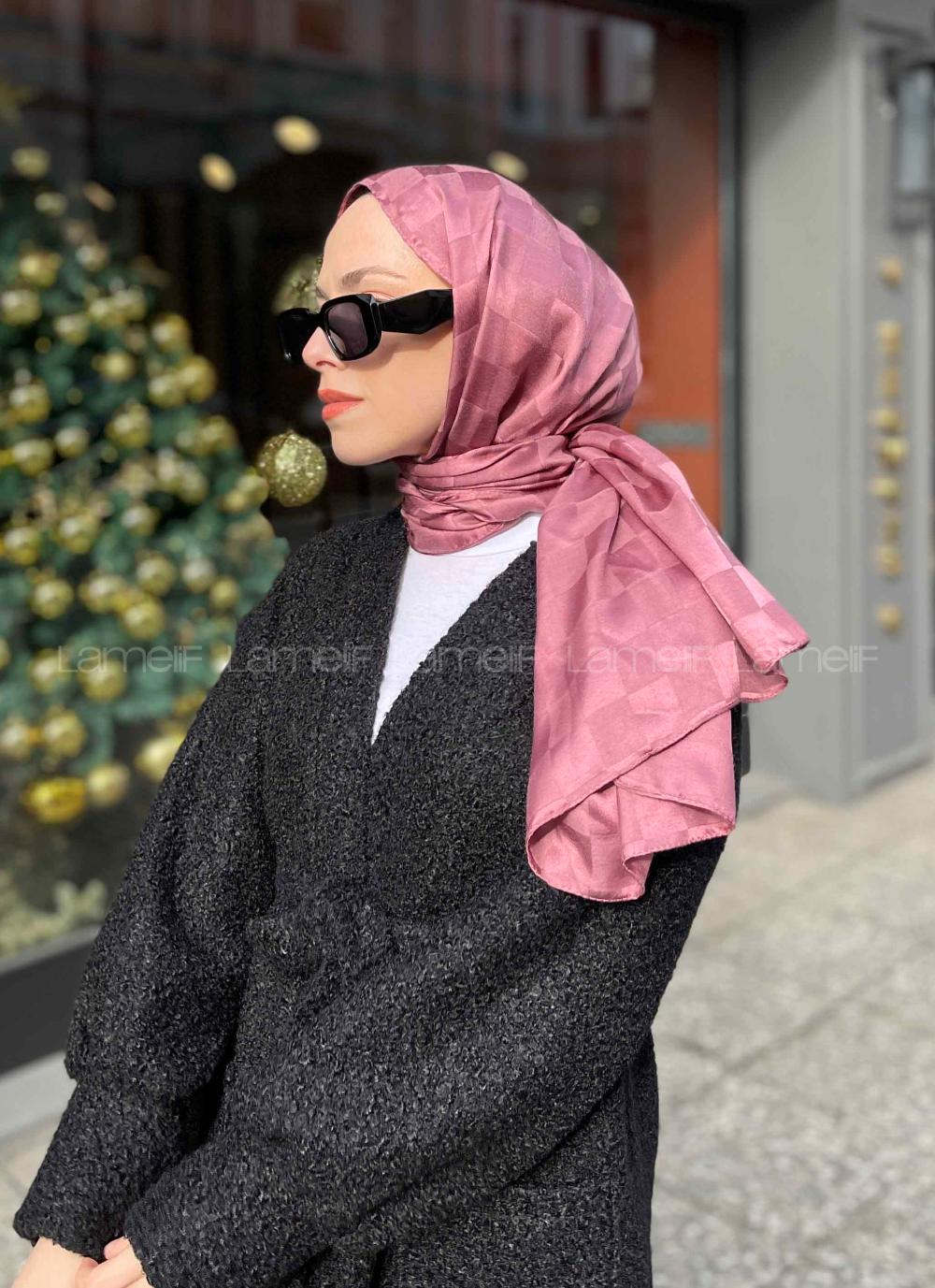 Lamelif Dama Desen Jakar Şal Gül Kurusu