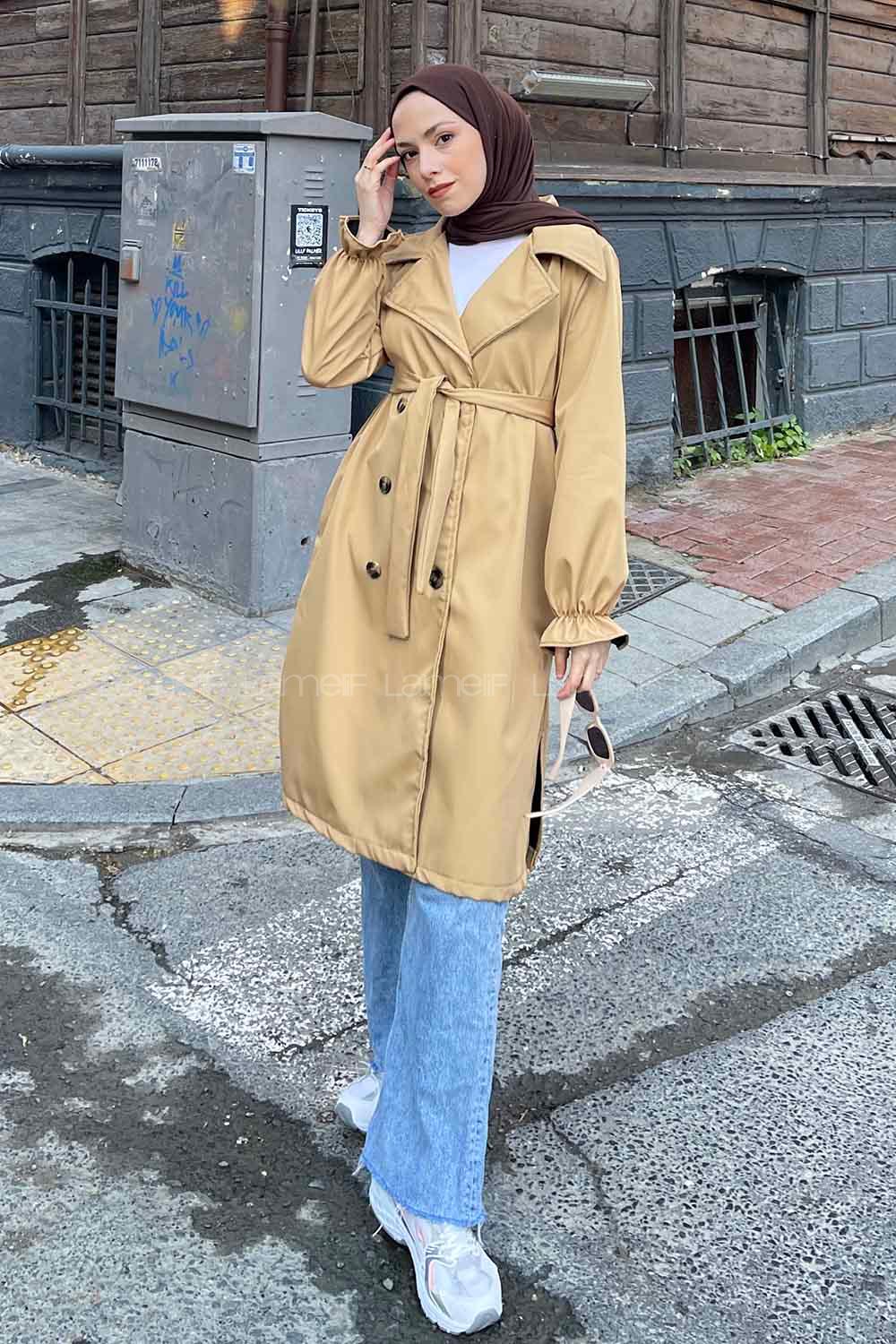 Lamelif  Guevara Kol Büzgülü Trençkot Camel