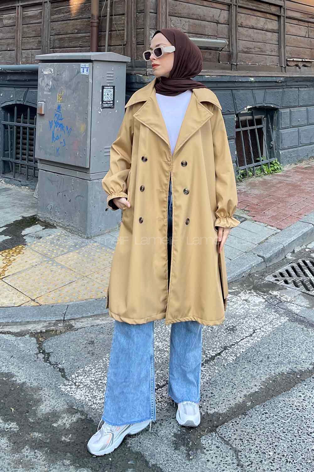 Lamelif  Guevara Kol Büzgülü Trençkot Camel