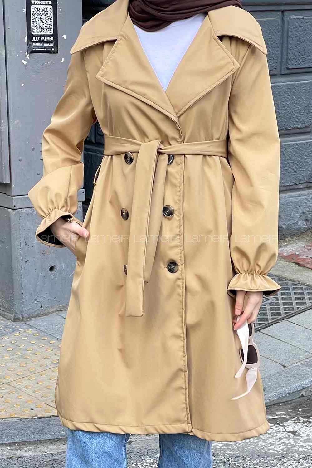 Lamelif  Guevara Kol Büzgülü Trençkot Camel