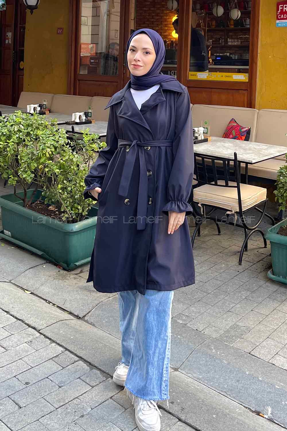 Lamelif  Guevara Kol Büzgülü Trençkot Lacivert