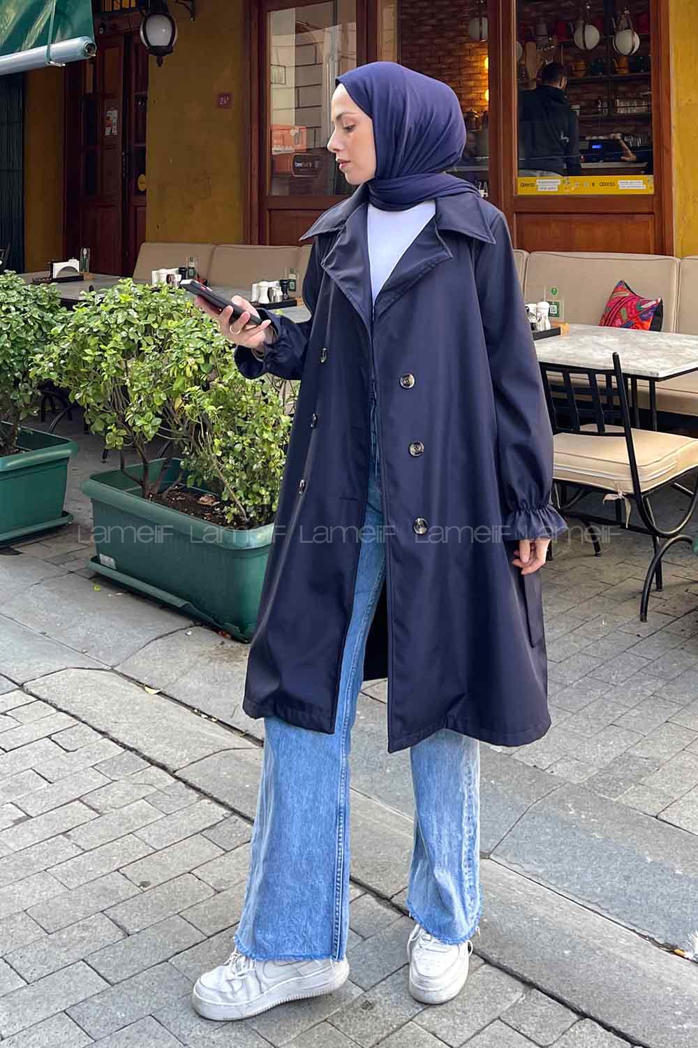Lamelif  Guevara Kol Büzgülü Trençkot Lacivert