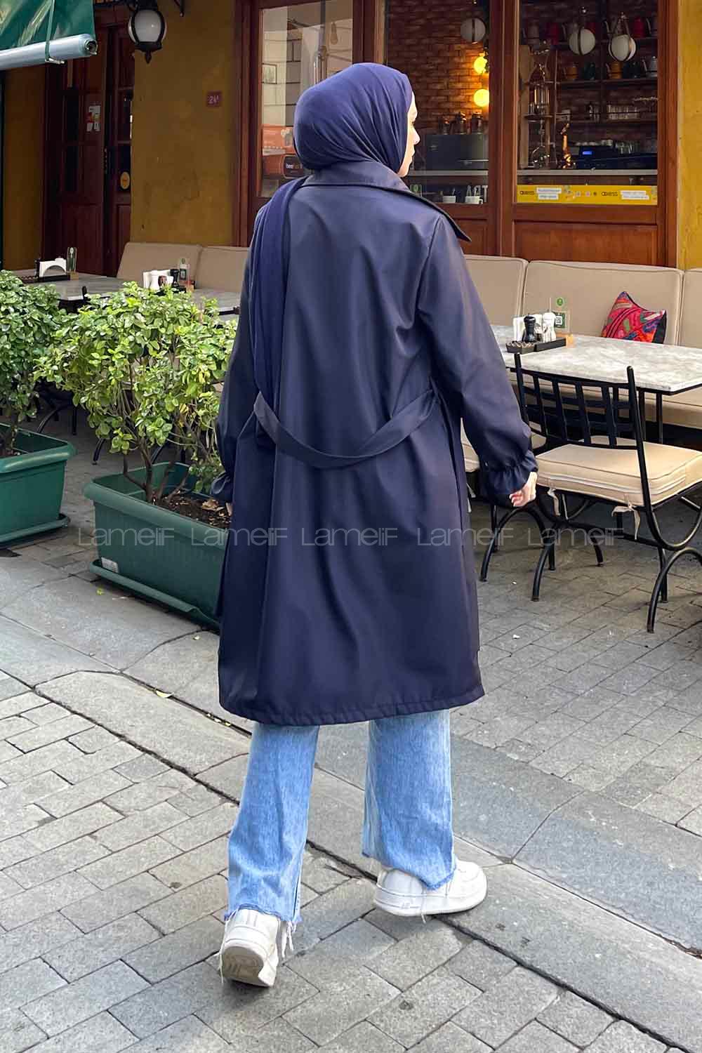 Lamelif  Guevara Kol Büzgülü Trençkot Lacivert