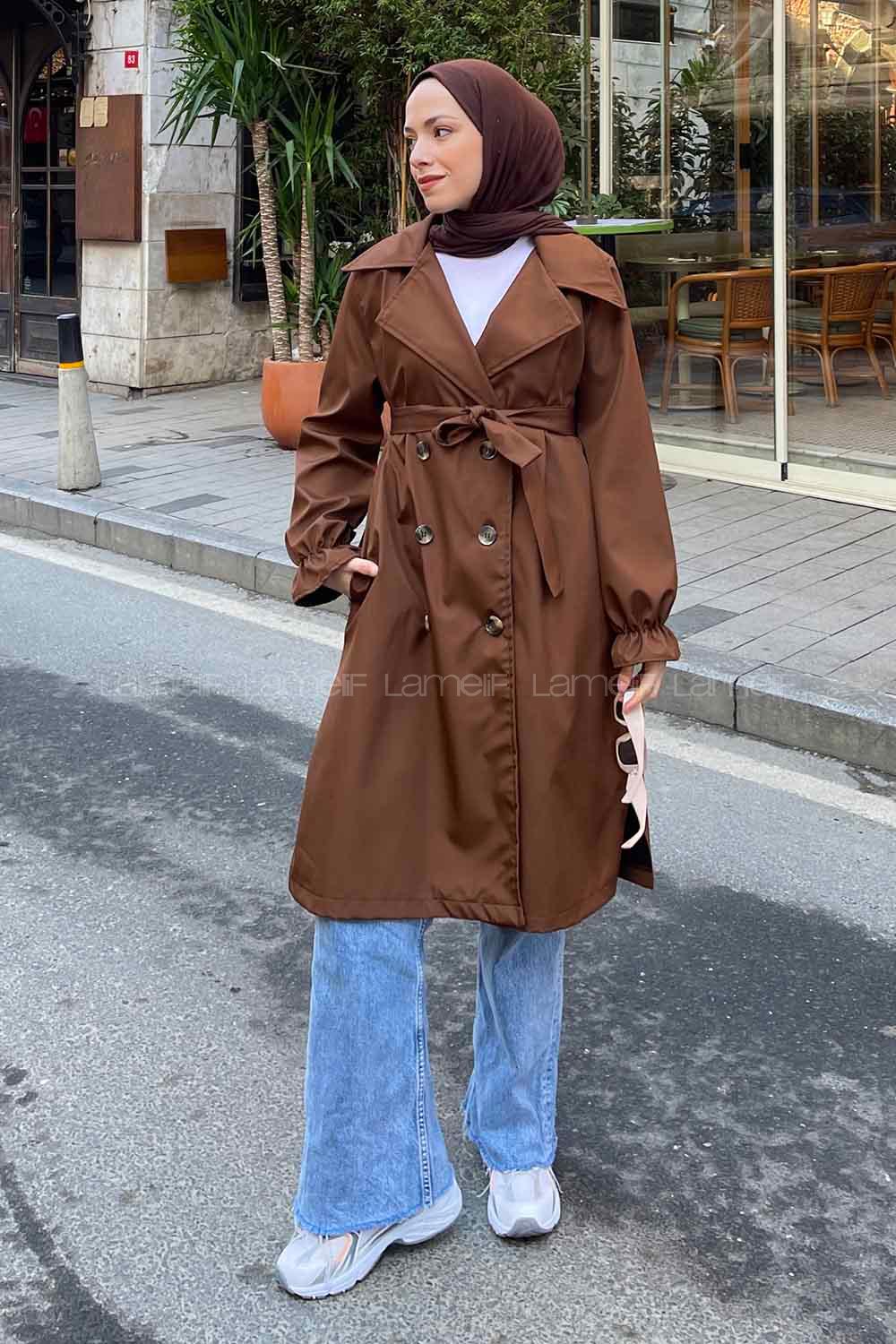 Lamelif Kol Lastikli Belden Bağlamalı Acı Kahve