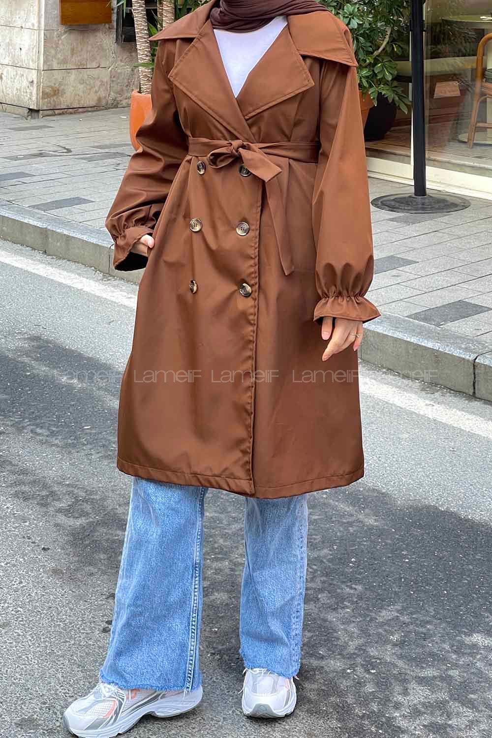 Lamelif Kol Lastikli Belden Bağlamalı Acı Kahve