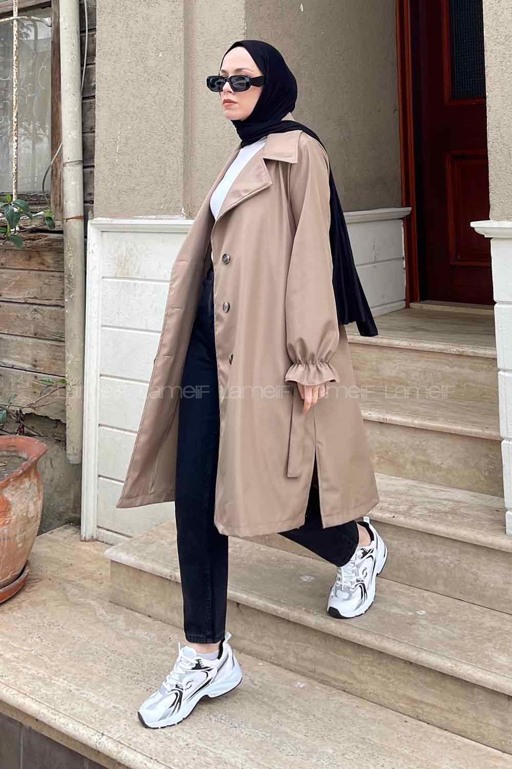 Lamelif Kol Lastikli Belden Bağlamalı Soft Kahve