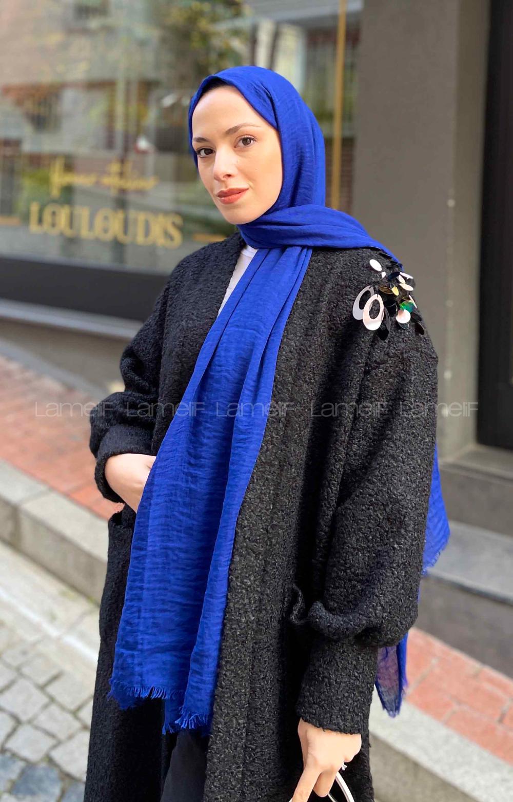 Lamelif Saks Mavisi Bürümcük Şal