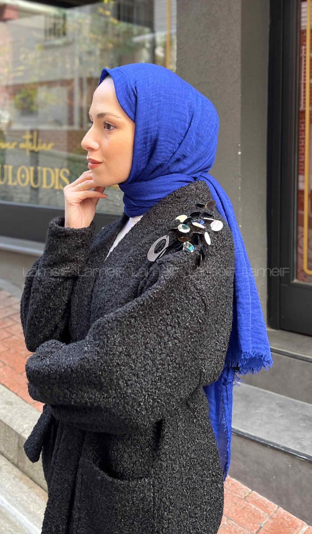 Lamelif Saks Mavisi Bürümcük Şal