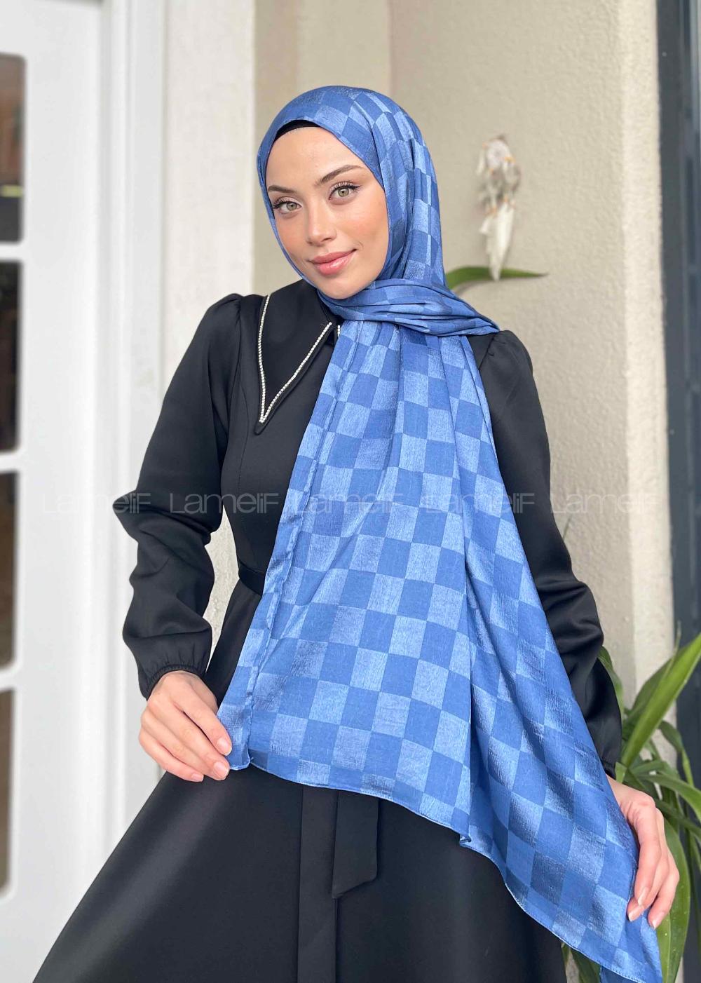 Lamelif Dama Desen Jakar Şal İndigo