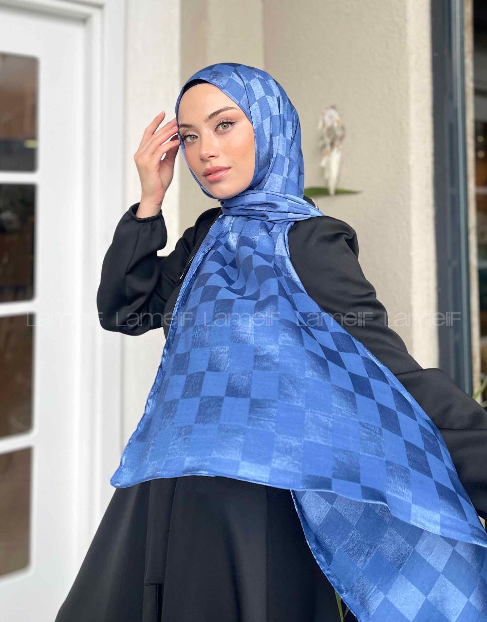 Lamelif Dama Desen Jakar Şal İndigo