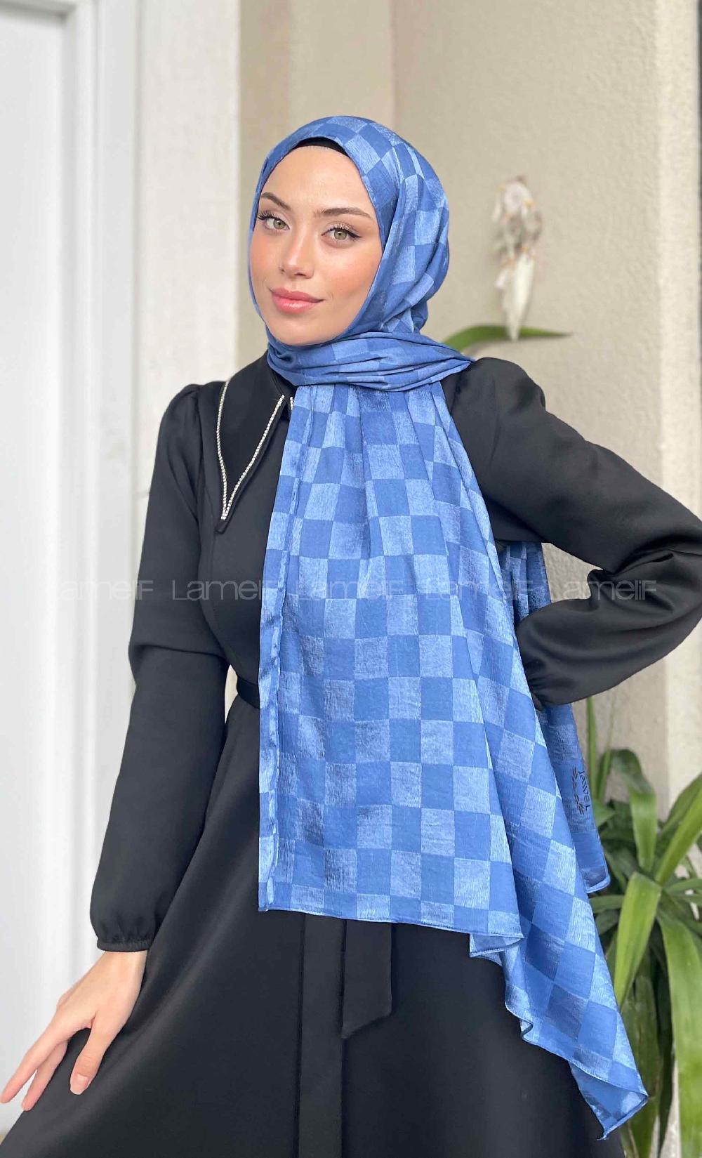 Lamelif Dama Desen Jakar Şal İndigo