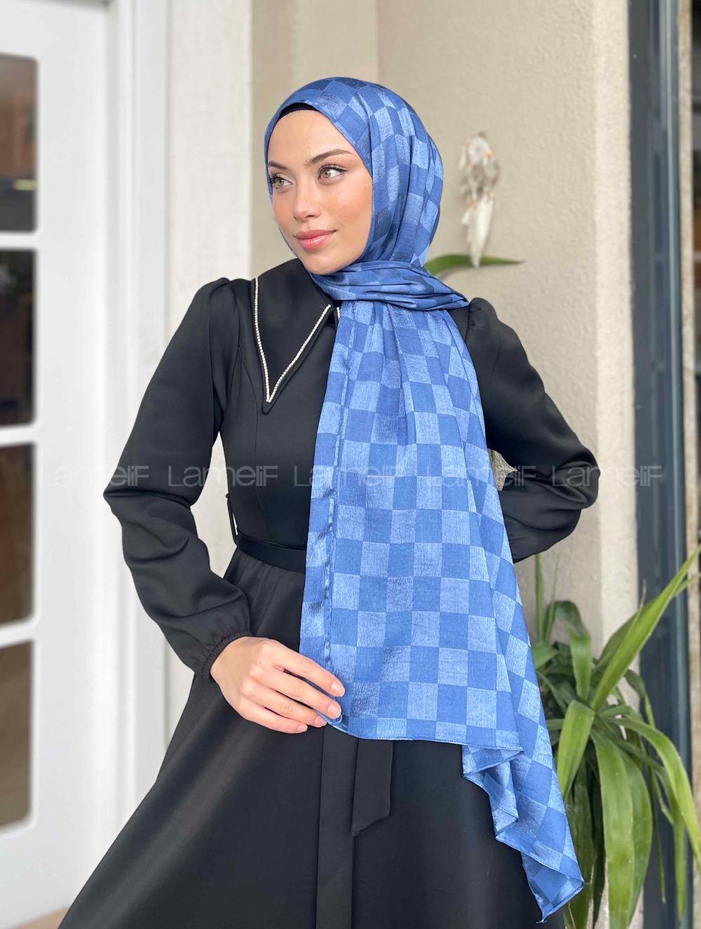 Lamelif Dama Desen Jakar Şal İndigo