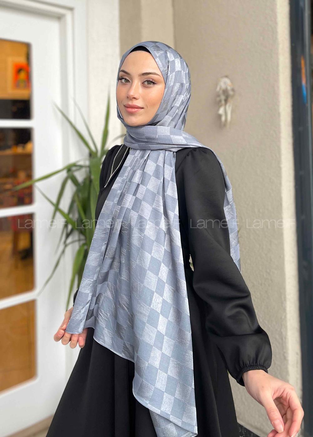 Lamelif Dama Desen Jakar Şal Koyu Gri