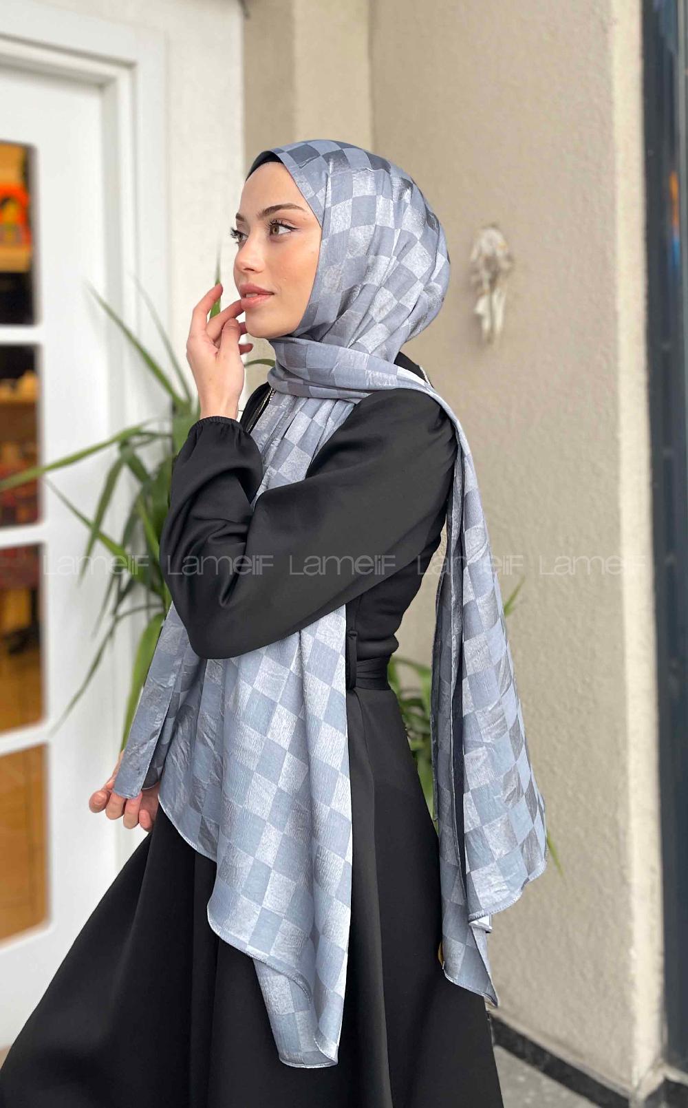 Lamelif Dama Desen Jakar Şal Koyu Gri
