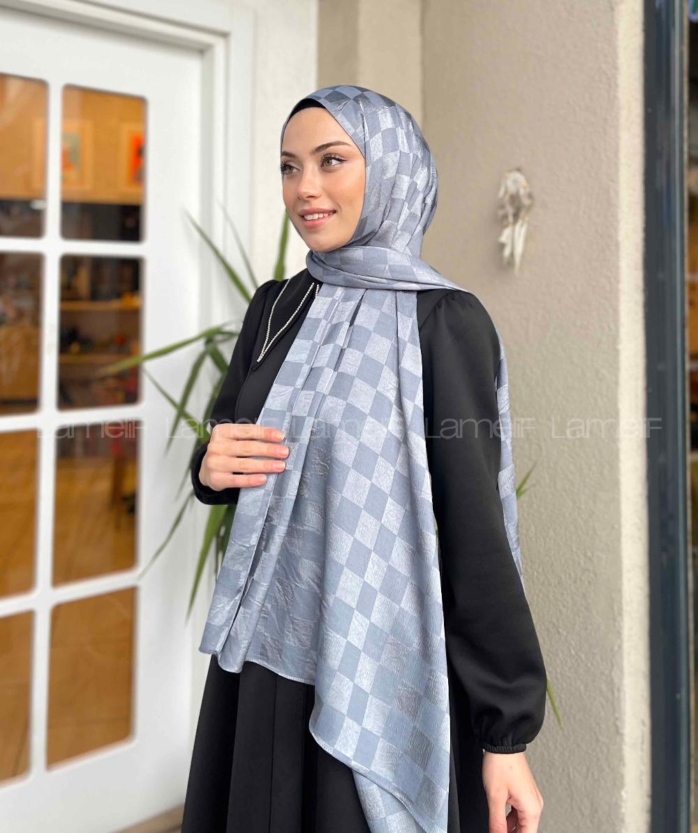 Lamelif Dama Desen Jakar Şal Koyu Gri