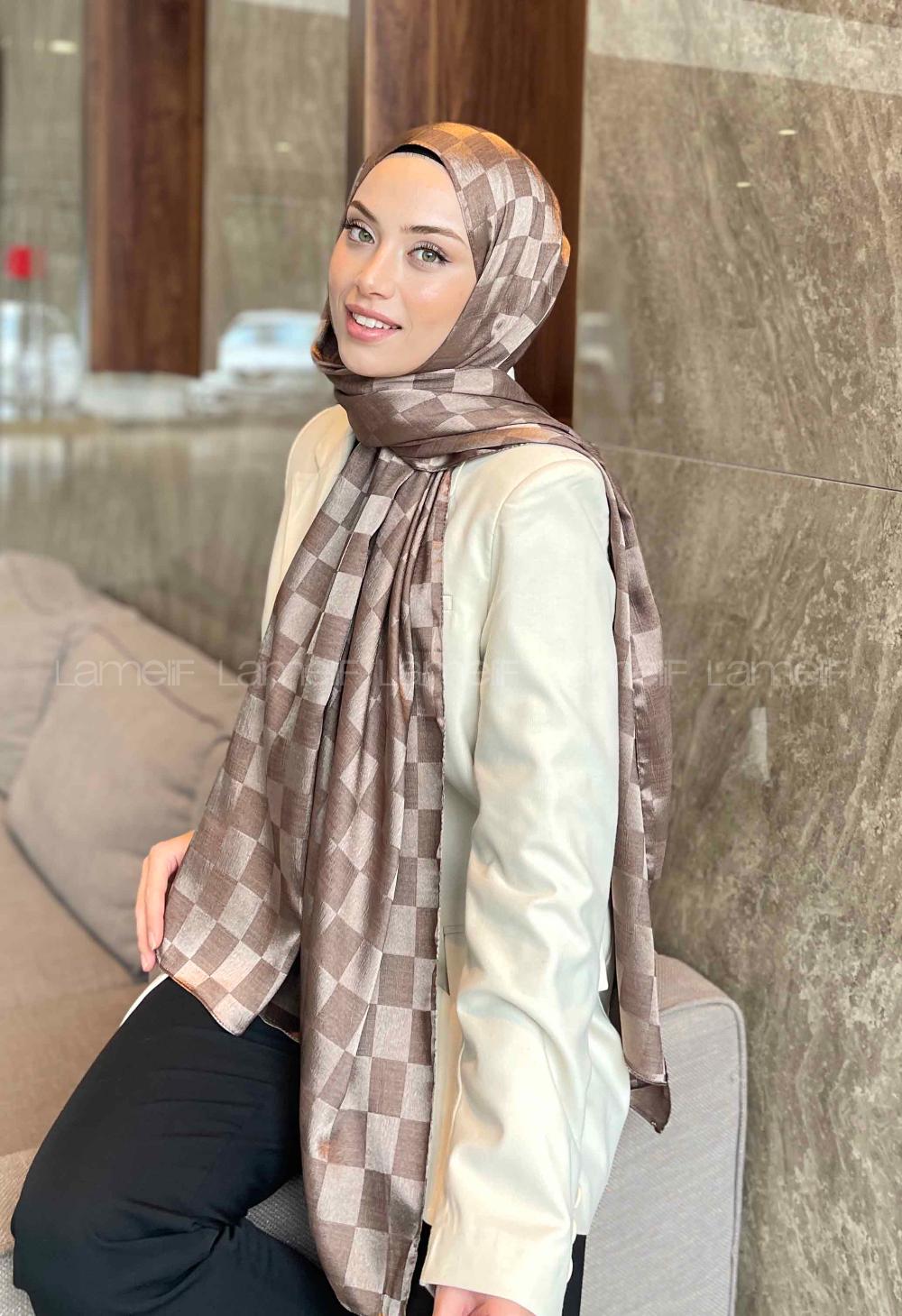 Lamelif Dama Desen Jakar Şal Küllü Kahve