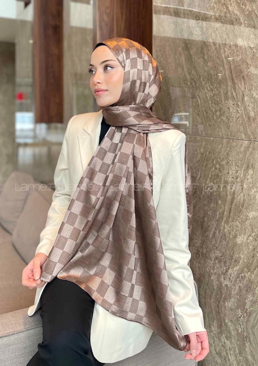 Lamelif Dama Desen Jakar Şal Küllü Kahve